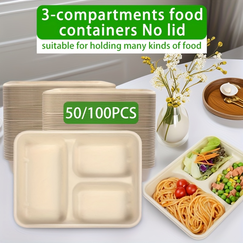 50 100pcs disposable food containers with 3 compartments wheat straw lunch containers perfect as salad pasta desserts tacos and fruits ideal for picnics parties kitchen extremely convenient and versatile no lid