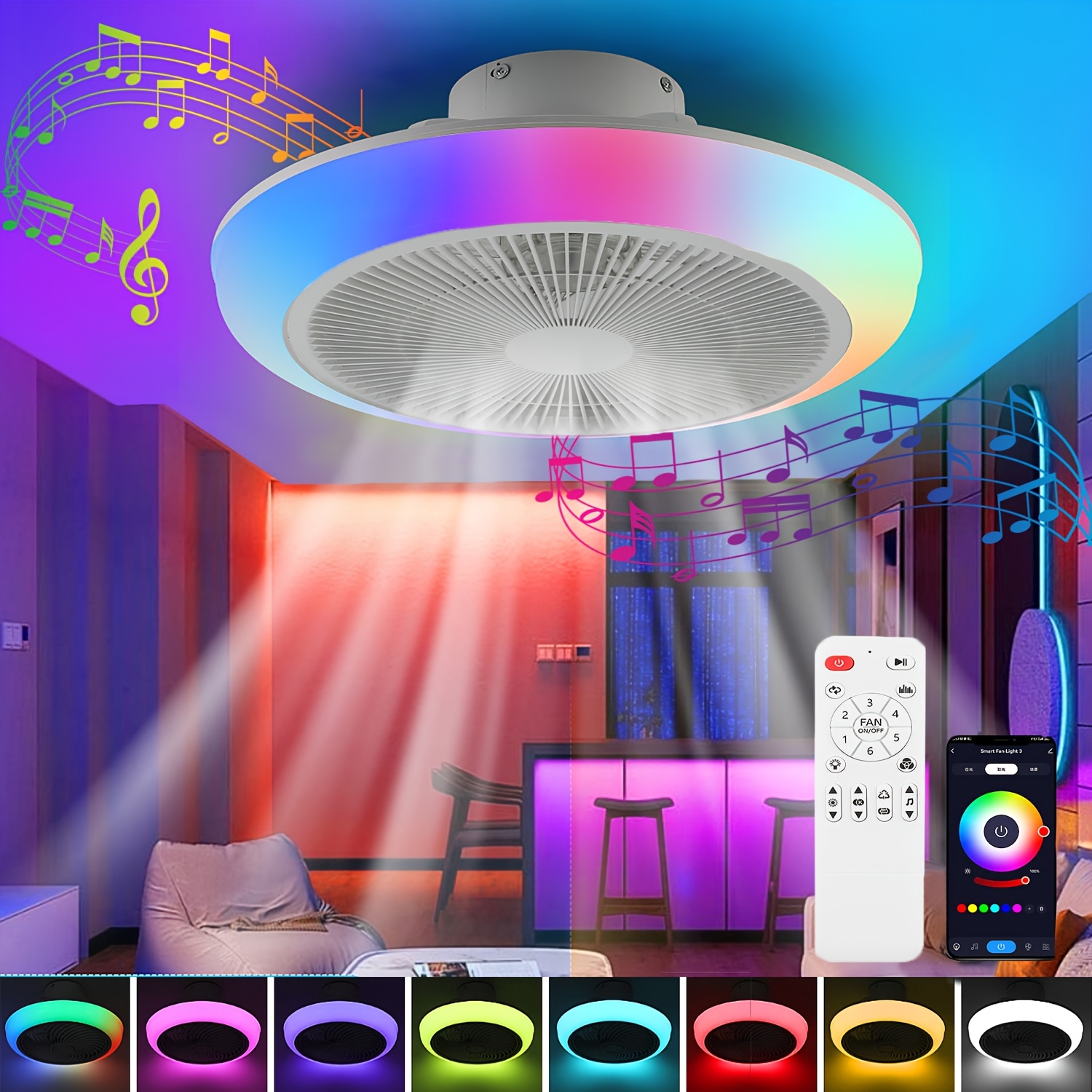 E-shop Moderne LED Deckenleuchte mit Ventilator, RGB Ventilatorleuchte 45cm, Licht folgt dem Rhythmus der Musik, mit kabellosem Lautsprecher, einfache