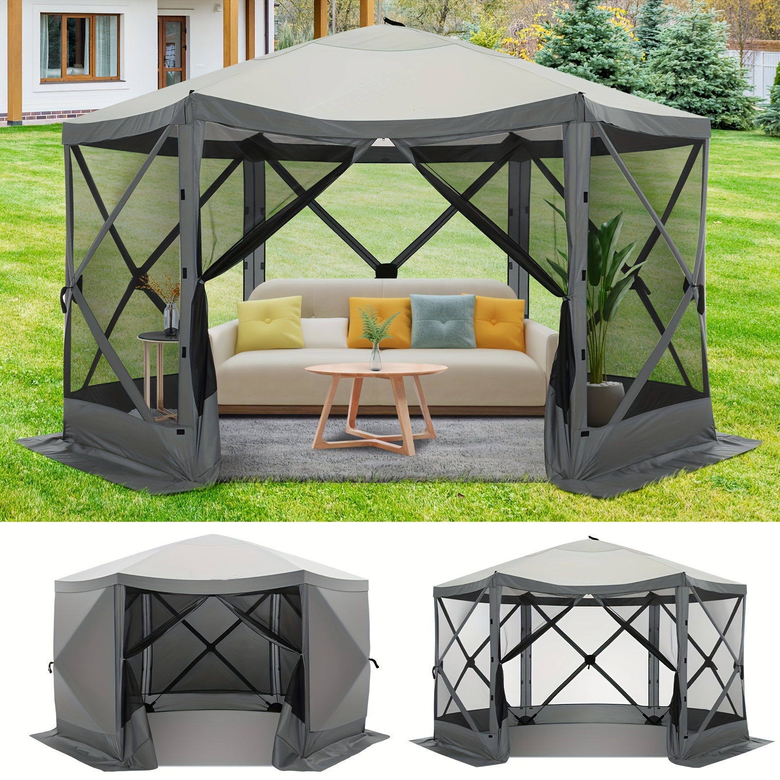 

12x12ft Pop Up Gazebo Screen Tent Canopy For Camping Portable Screen House With Netting & Carry Bag For 8 Person