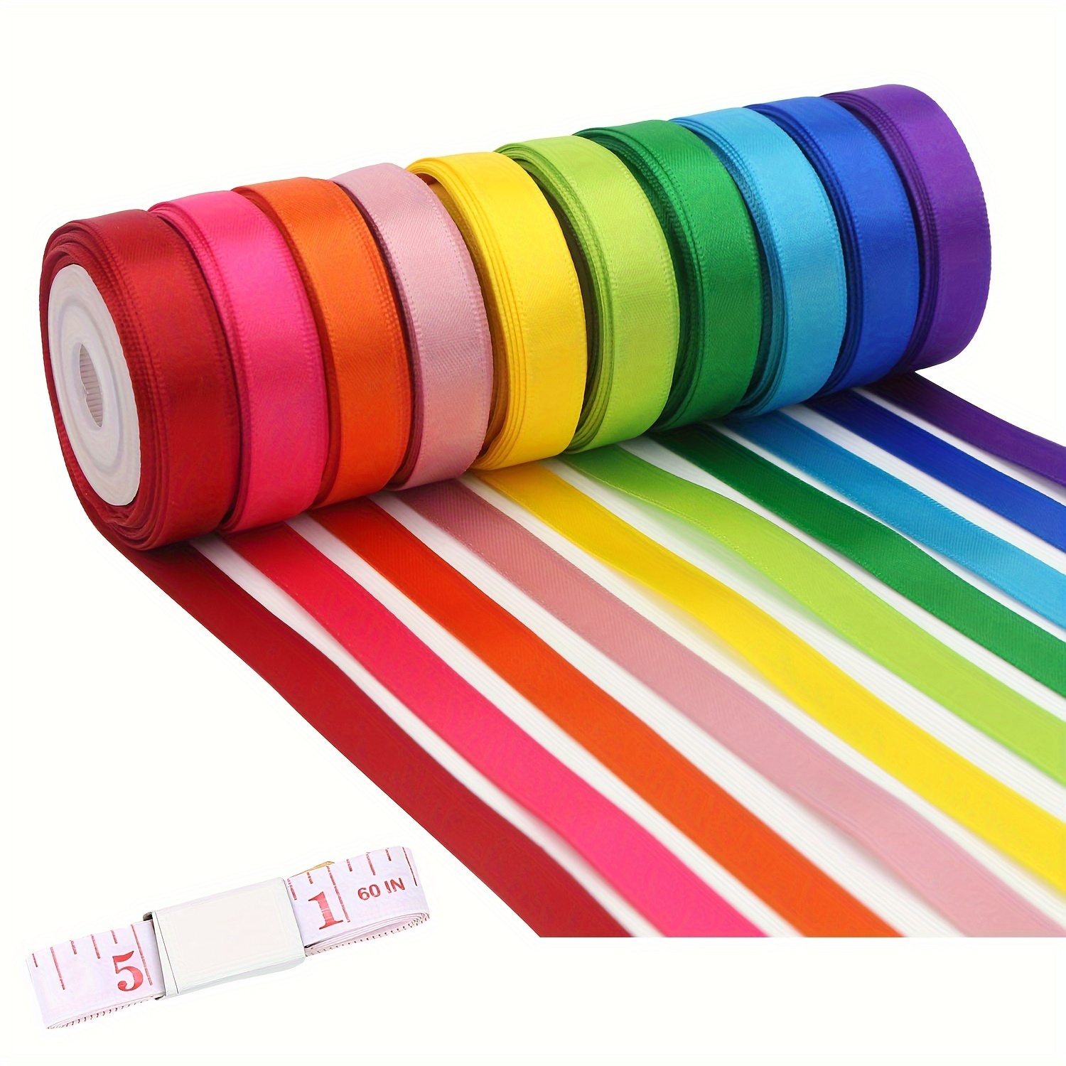 

10pcs Multicolor Polyester Satin Ribbon Set With Tape Measure, Each 0.39'' (10mm) X 24 Yards, Solid Color Fabric Ribbon For Gift Wrapping, Chair Sashes, Valentine's, Weddings, Birthdays, Party Decors