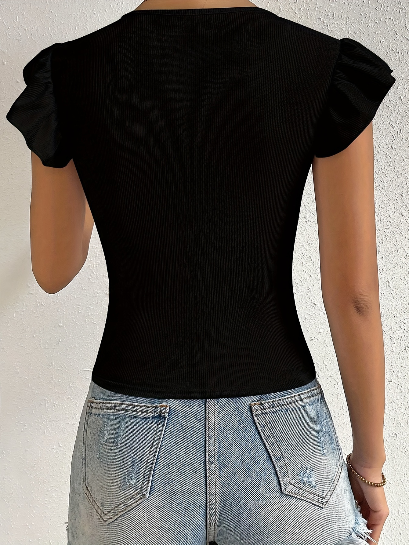 Ruffle Trim Crew Neck Top, Versatile Solid Color Slim Top For Spring & Summer, Women's Clothing