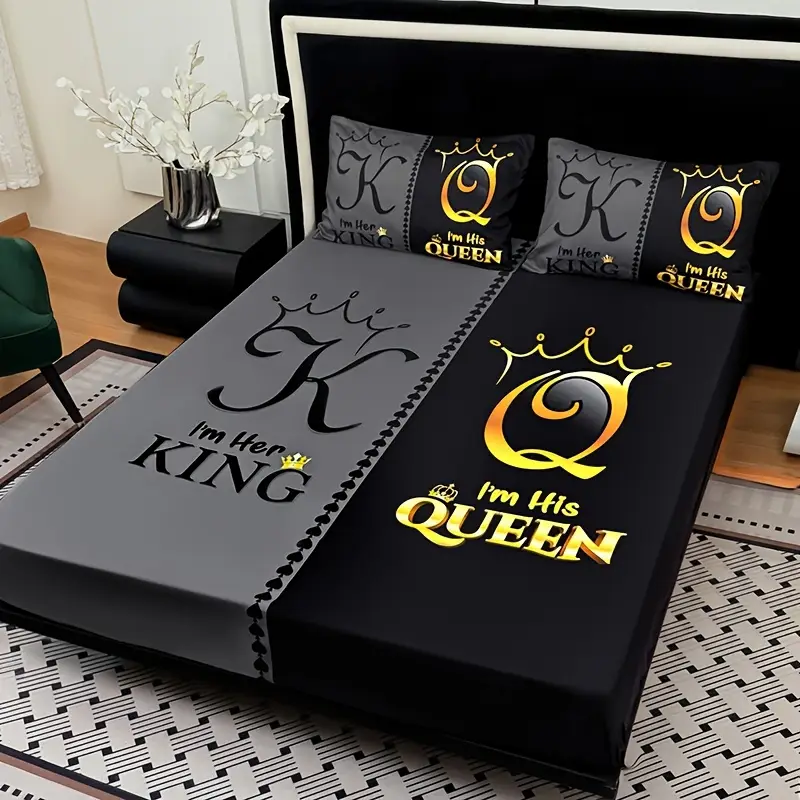 3pcs super soft breathable black grey color blocking letter bed sheet 1pc bed sheet 2pcs pillowcase no filling deep pocket in 15 inch mattress protector bedroom high definition printing suitable for room decor Product details 4