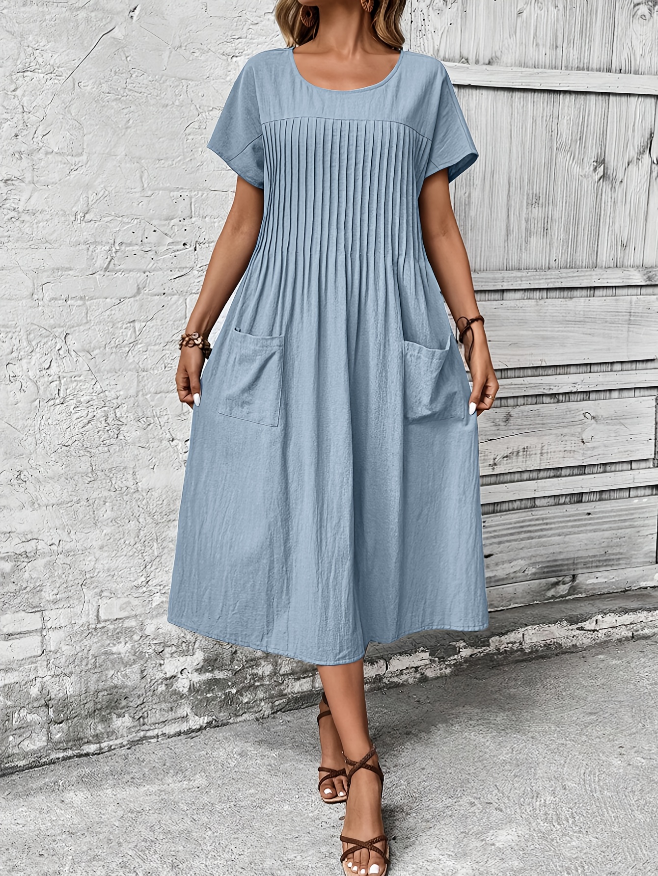 elegant directional front pleated patch pocket batwing sleeve dress