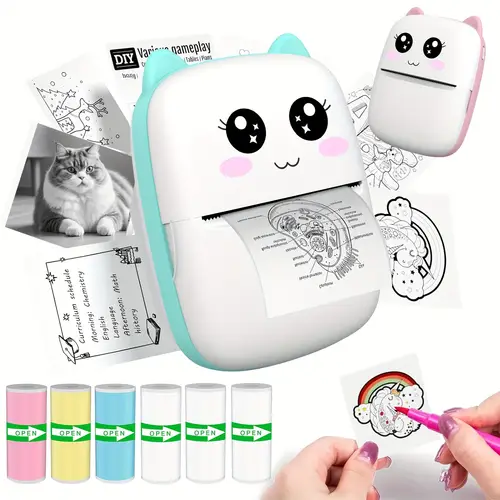 portable mini thermal printer with 6 rolls of self stickers usb charging wireless compatible with ios diaries journals and labels and notes design wireless connect mini printer