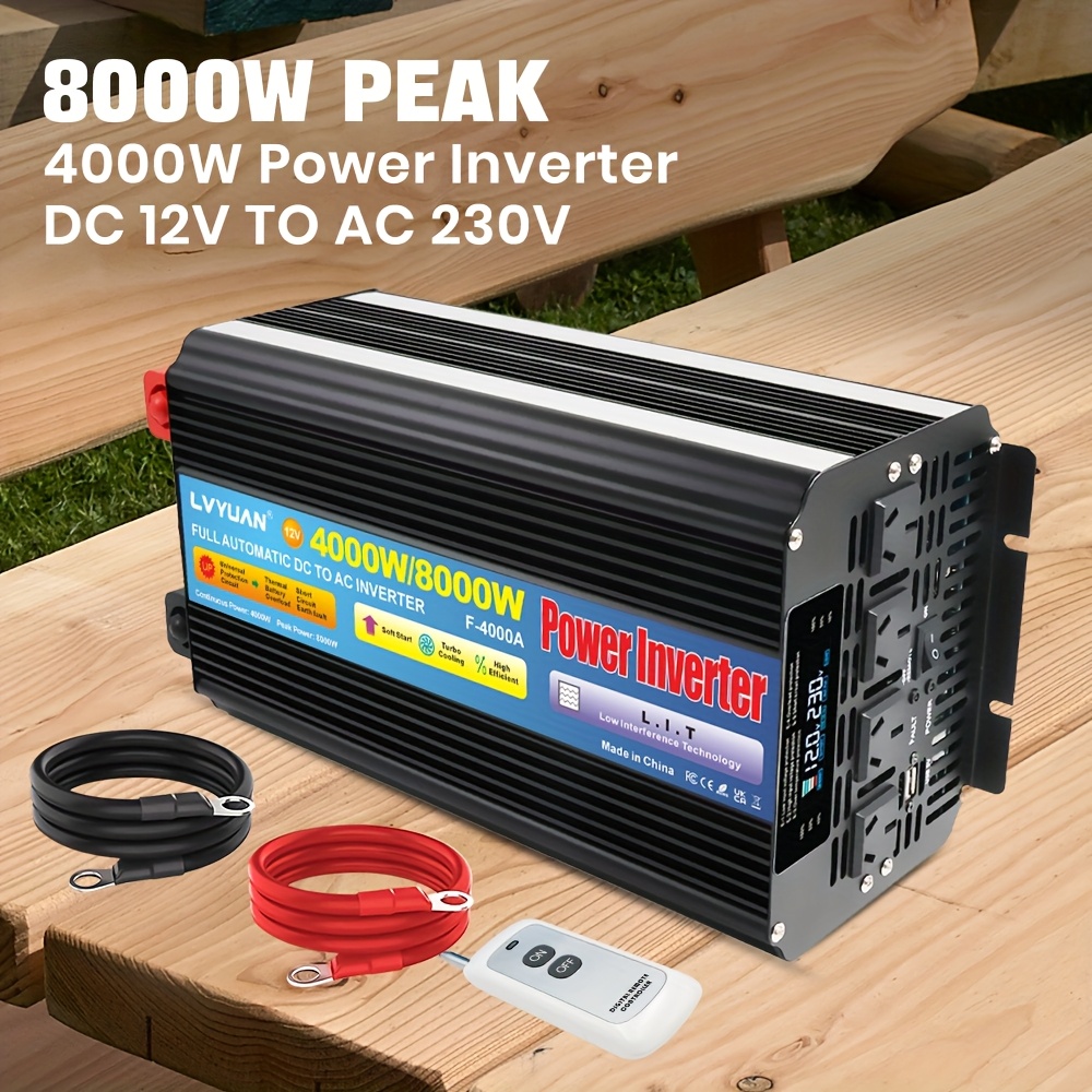 TEMU Lvyuan 8000w () Heavy Duty Repair Sine Inverter, 4000w Inverter, 12v To Ac 230v Car Power Converter With 2 Sockets + Usb Port On Side, Lcd