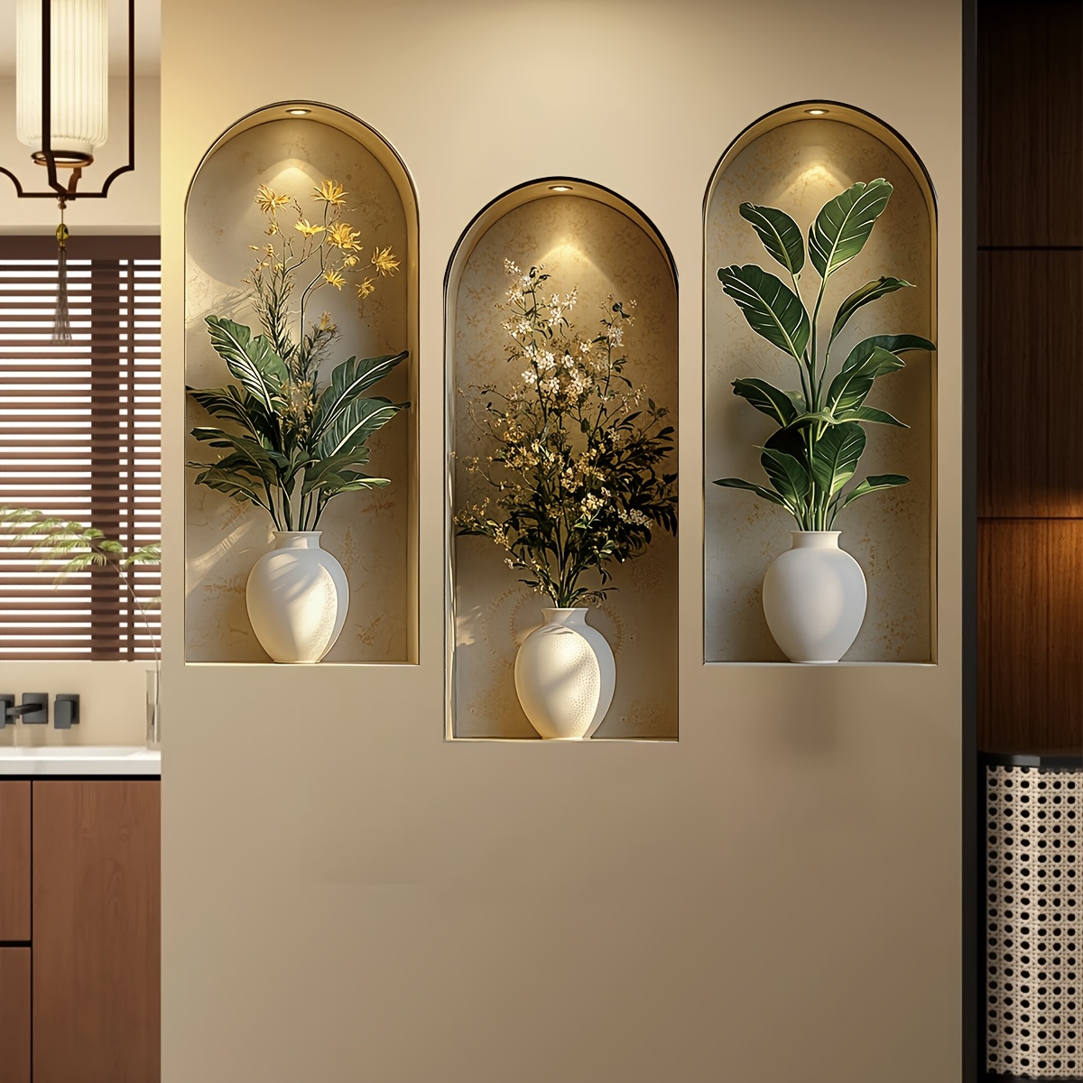3pcs Set, Arched Niche Wall Sticker With And White Vase, Self-adhesive For Living Room Bedroom Study Bathroom Home Decor