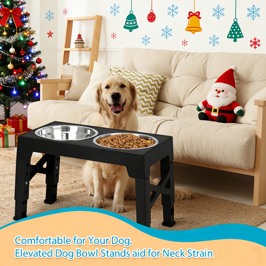 TEMU Adjustable Height Black Raised Dog Bowl Set Featuring 2 Stainless Steel Bowls For Food And Water, Designed With A Non-slip Stand Suitable For Large And Medium Pets.