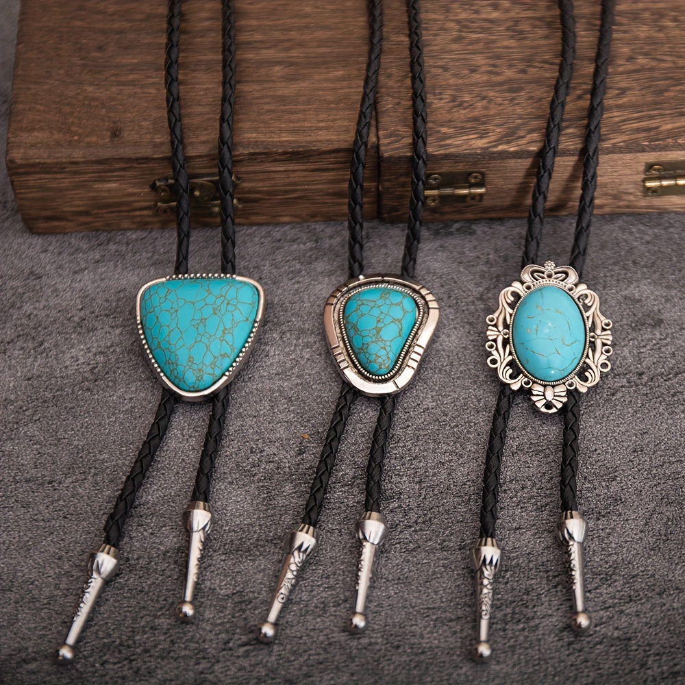 

1pc Retro Bolo Tie Tie Cord Western Cowboy Style Turquoise Leather Cord Necklace Irregular Pattern Long Necklace