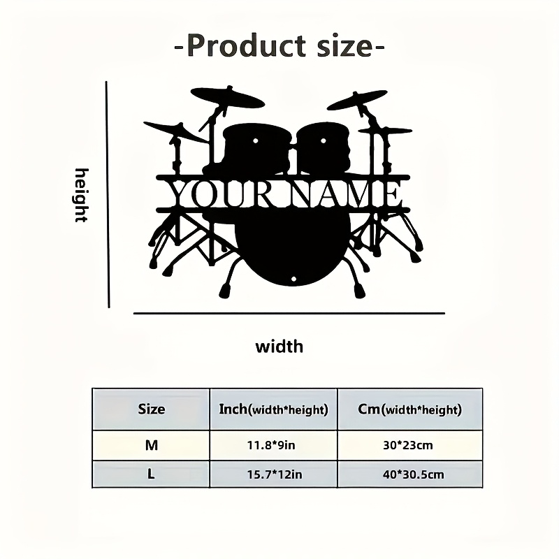 TEMU Customizable Drum Set Metal Wall Art Logo - Personalized Musician Name Decoration Suitable For Families, Rock Band Instrument Silhouette - Ideal