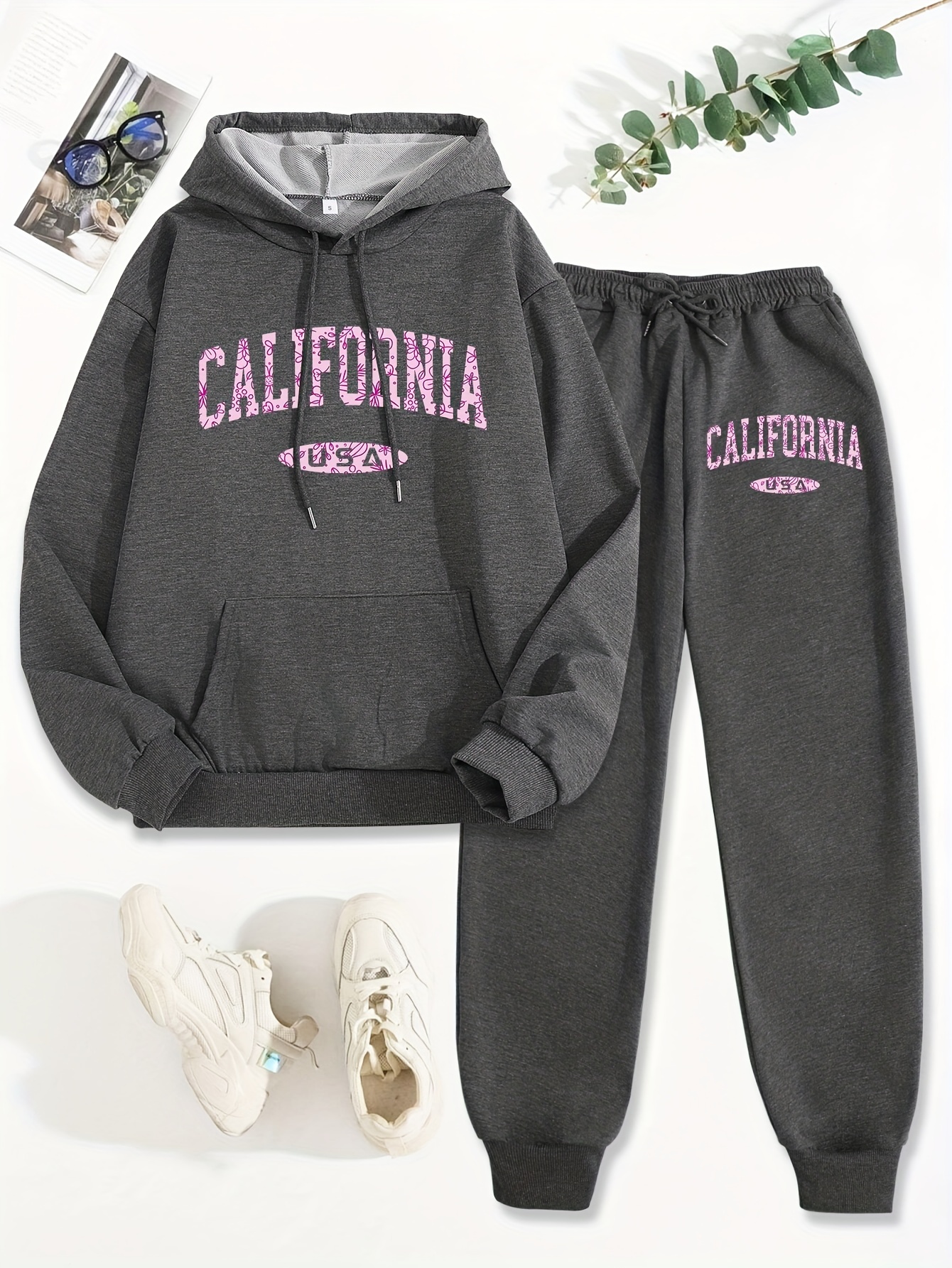 womens casual hooded tracksuit set long sleeve alphabets print hoodie with pockets and matching pants 100 polyester knit fabric regular fit two piece outfit for fall winter