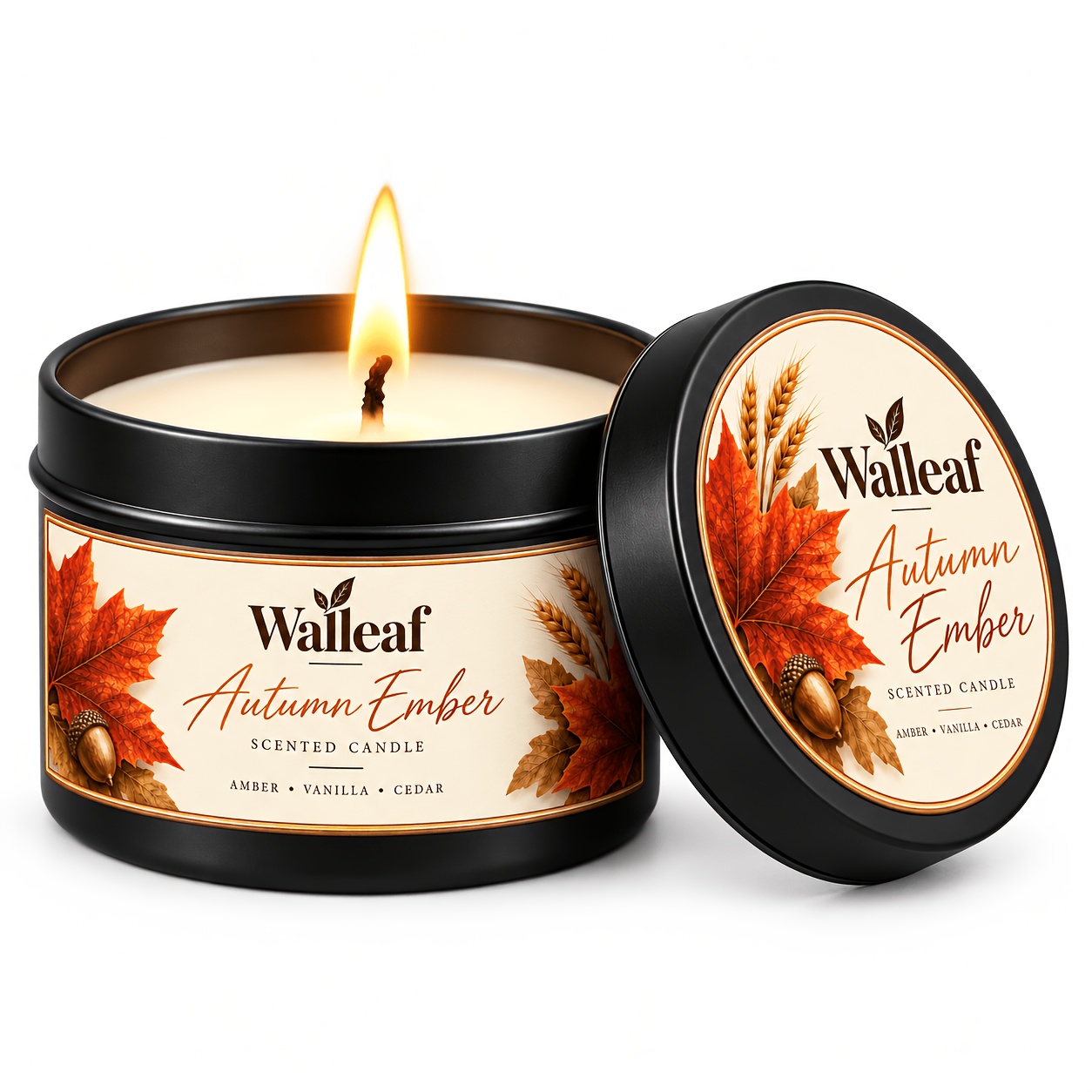 TEMU Walleaf Autumn Scented Candle, Amber Vanilla Cedar Fragrance In Black Metal, Maple Leaf Autumn-themed Home Fragrance, Suitable For Bedroom And