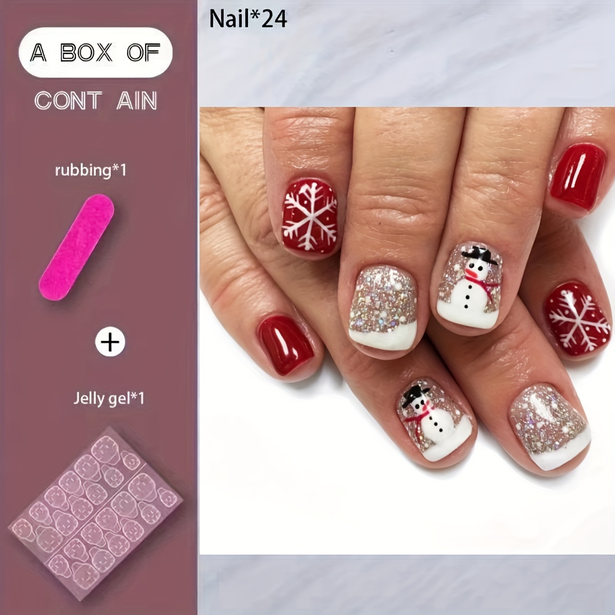 24pcs Short Square Christmas Wearable Snowman Snowflake Press-on False Nails