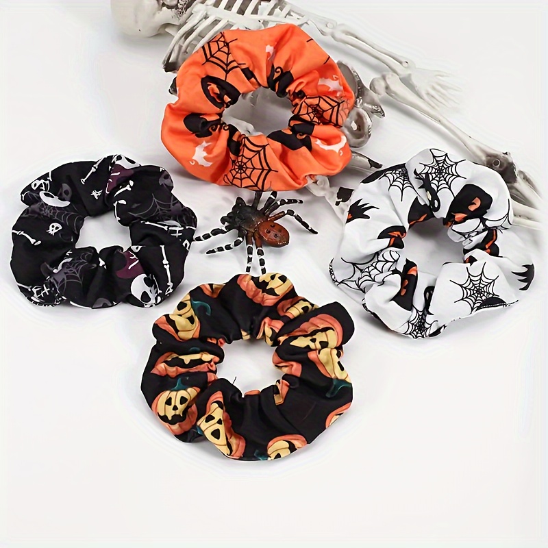 

Halloween Hair Scrunchies For Women - 4 Pack Vintage Fabric Elastic Hair Bands With , Ghost, , & Spider Web Prints - Ideal For Costumes & Updos, 14+ Age Group, Animal-theme Design