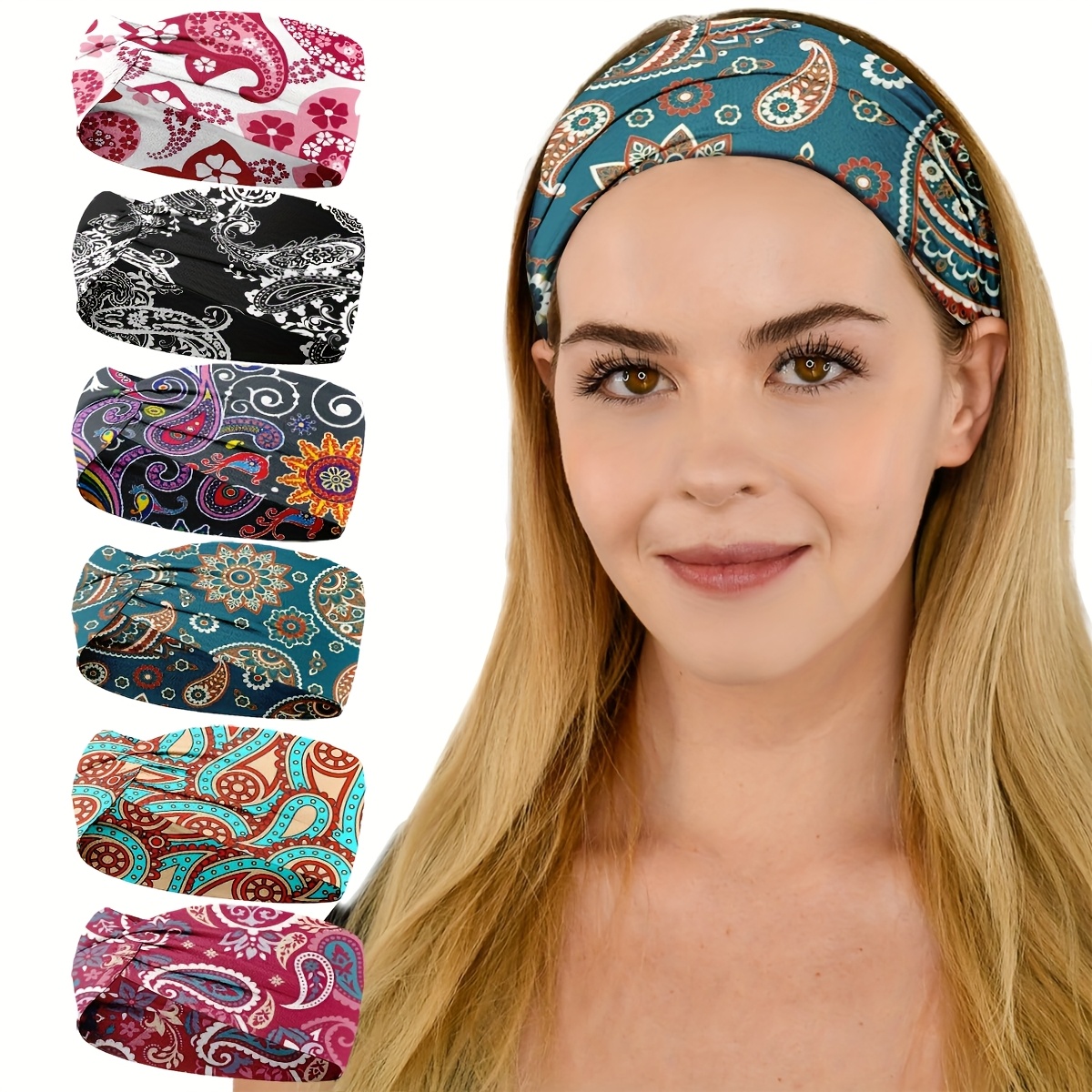 TEMU 6pcs Stretch Sports Headbands For Women - Bohemian Floral Geometric Tribal & Paisley Print Yoga Headbands, 6 Color Options For Fitness, Gym,