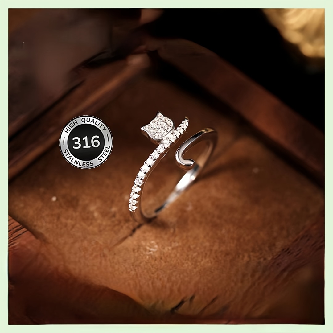 TEMU Adorable , Made Of Steel That Resists Fading. -end Design Accommodates Finger Sizes. The Cat-shaped Ring Is Fully With Sparkling Rhinestones, A