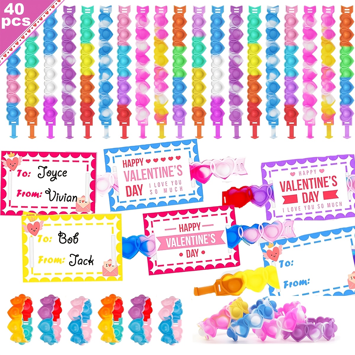 TEMU Mezhobby 40pcs Valentine's Day Kids Gifts Classroom Exchange Pack Kids Cards Heart Pop Bracelets And Valentine's Day Kids Cards Classroom Prizes