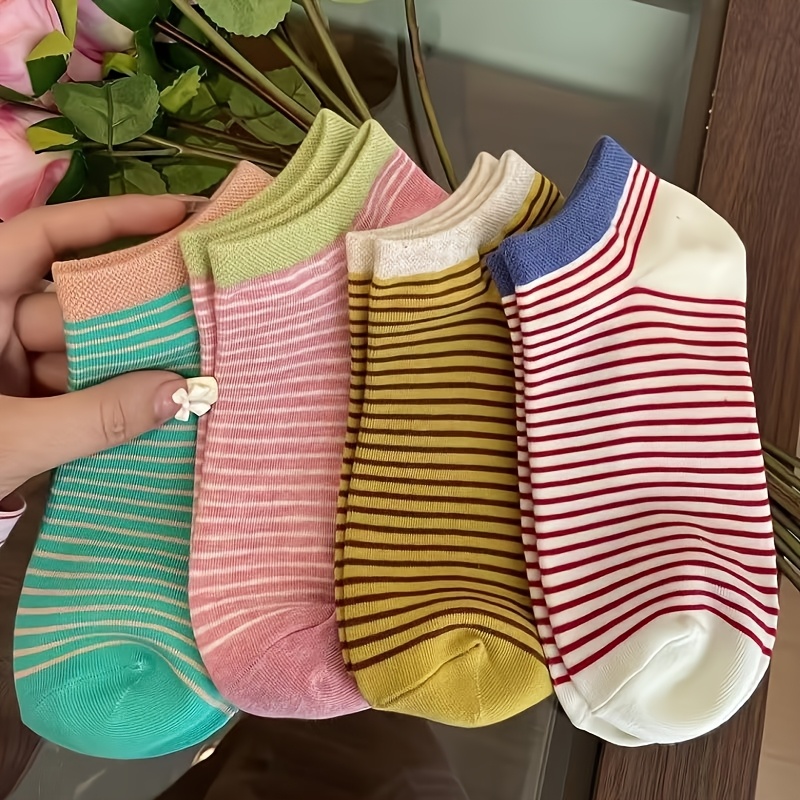 4 Pairs Of Spring And Summer Candy-colored Striped Women's Short Socks