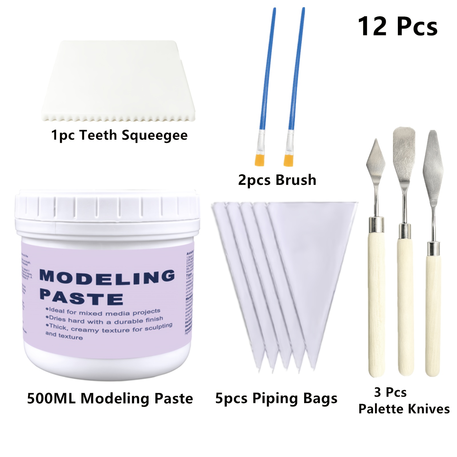 TEMU 12pcs 500ml/17oz Acrylic Modeling Paste & 5pcs Piping Bags & 6pcs Painting Tools For Professional Art Use, Struclping Effect Acrylic Medium For