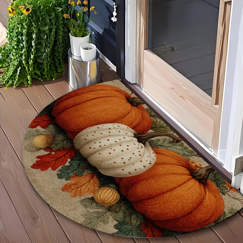 TEMU 1 Half-circle Autumn Leaf And Pumpkin Doormat - Non-slip Dust-absorbing Floor Mat, 100% Polyester Fiber Indoor/outdoor Mat, Suitable For