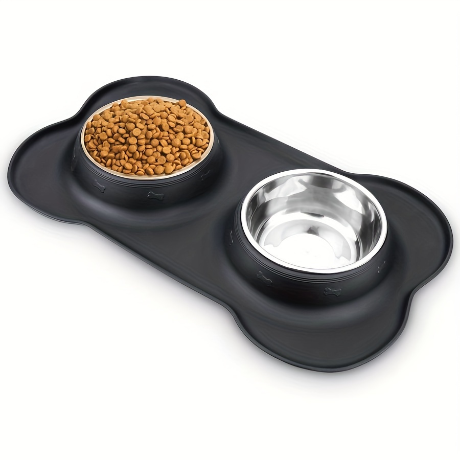 

Waterproof Thermoplastic Rubber Dog Feeding Mat With Stainless Steel Double Bowls - Non-slip, Spill-proof Pet Food Station For Dogs - Pvc & Bpa Free, Raised Edges - Fits Puppies To Large Breeds