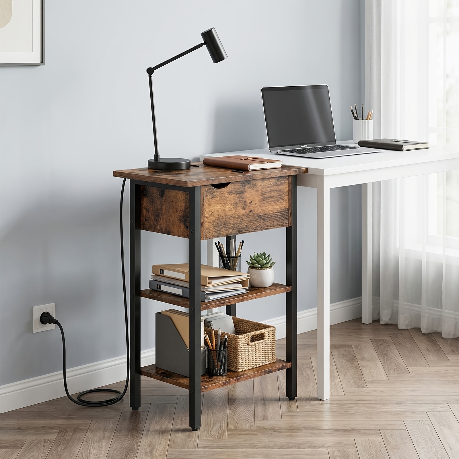 Image of Side Table, Sofa Table With Charging Station And Storage Space, Narrow Bedside Table For Small Spaces, Bedroom, Living Room, Sturdy, -black