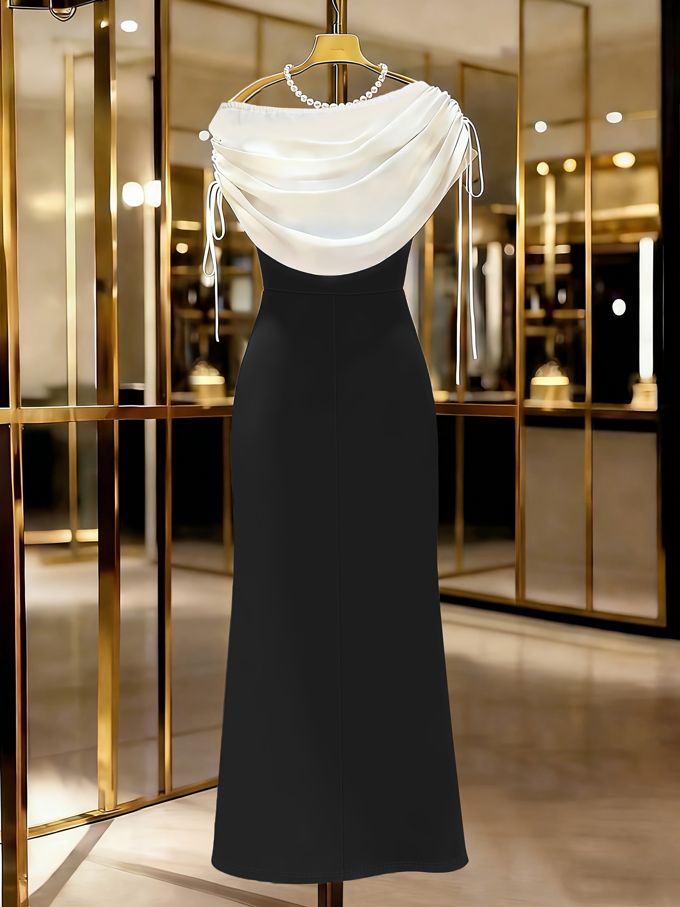 Elegant Special Black And White Color-Block High-Waist Slit Dress Dj260318498