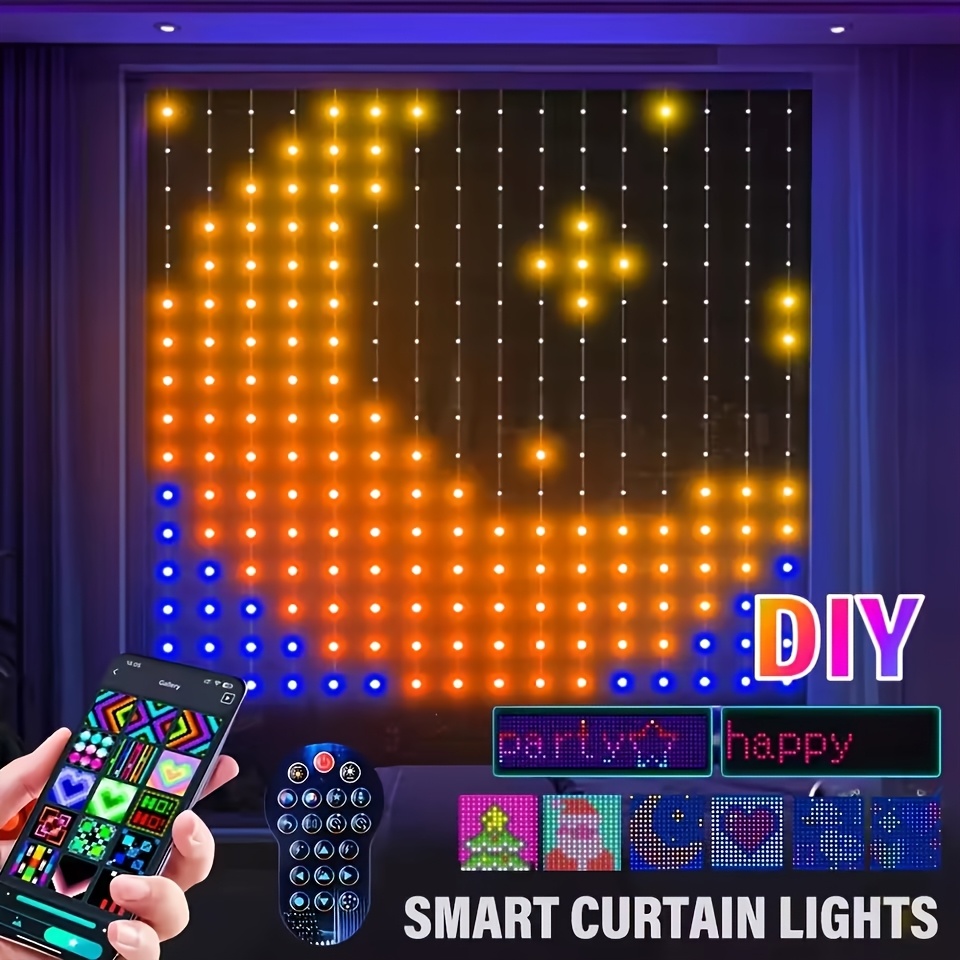 

400 Led Smart Curtain Fairy Lights Diy Christmas Decoration String Light, Color Changing Music Sync Text, Cartoon Display, Remote & App Controlled 9.84*9.84ft Curtain Lights