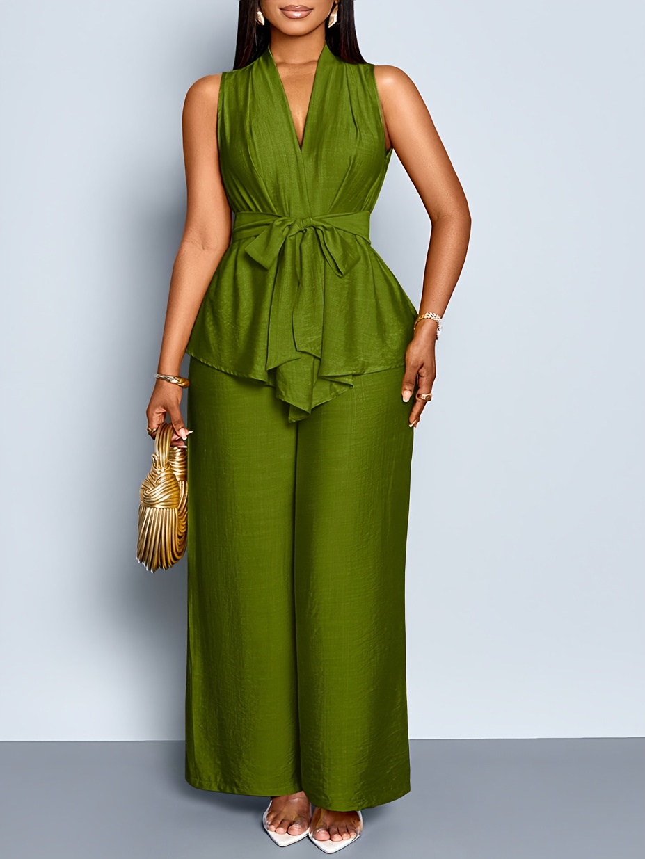 Women's Elegant Sleeveless Top + Wide-leg Pants Two-piece Set, Asymmetrical Hem Casual Two-piece Outfit for Women, Spring/summer Sleeveless Short Shirt, Office Wear for Mature Women, Business Casual Style, Suitable for Daily Outings and Leisure