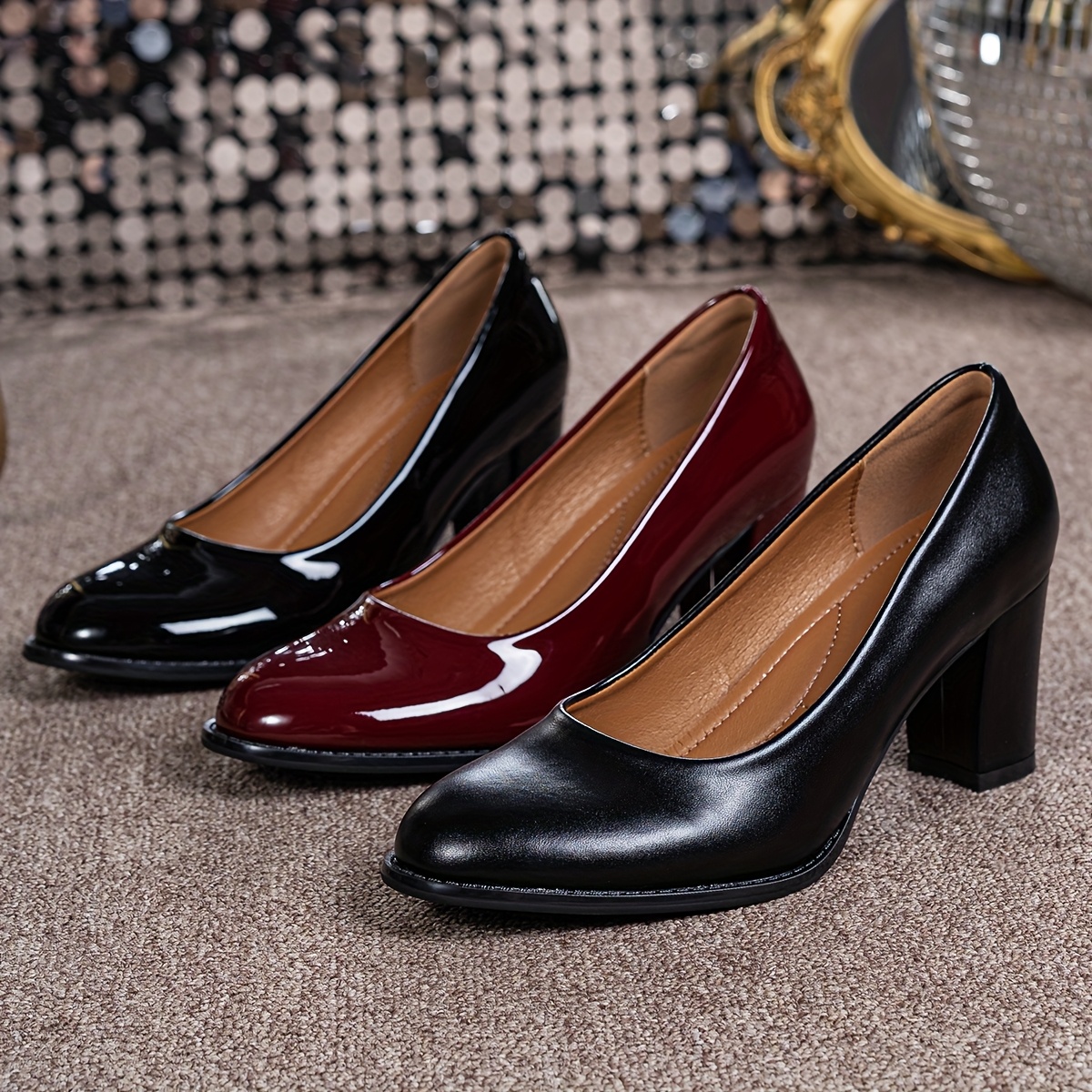 

Elegant Women's Slip-on Pumps - Chunky Heel, Round Toe Dress Shoes In Black, Burgundy, And Red - Cover, Anti-slip Sole For Office & Evening Events, Ladies Shoes