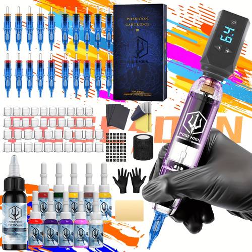 poseidon tattoo machine kit tattoo gun kit complete set with 20 1500mah battery tattoo machine cordless tattoo machine tattoo supplies 11 tattoo inks complete cordless machine for beginners and perfect gift