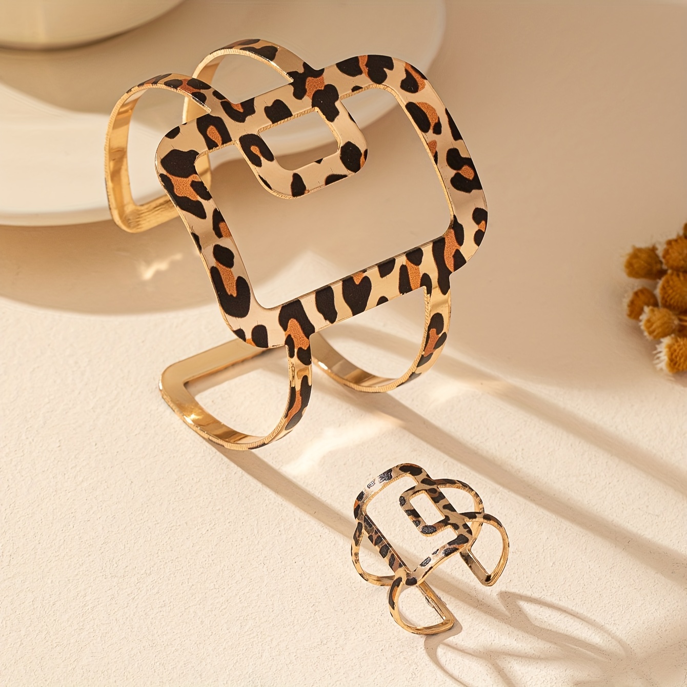 Boho Leopard Print Jewelry Set - Open Bangle & Ring
