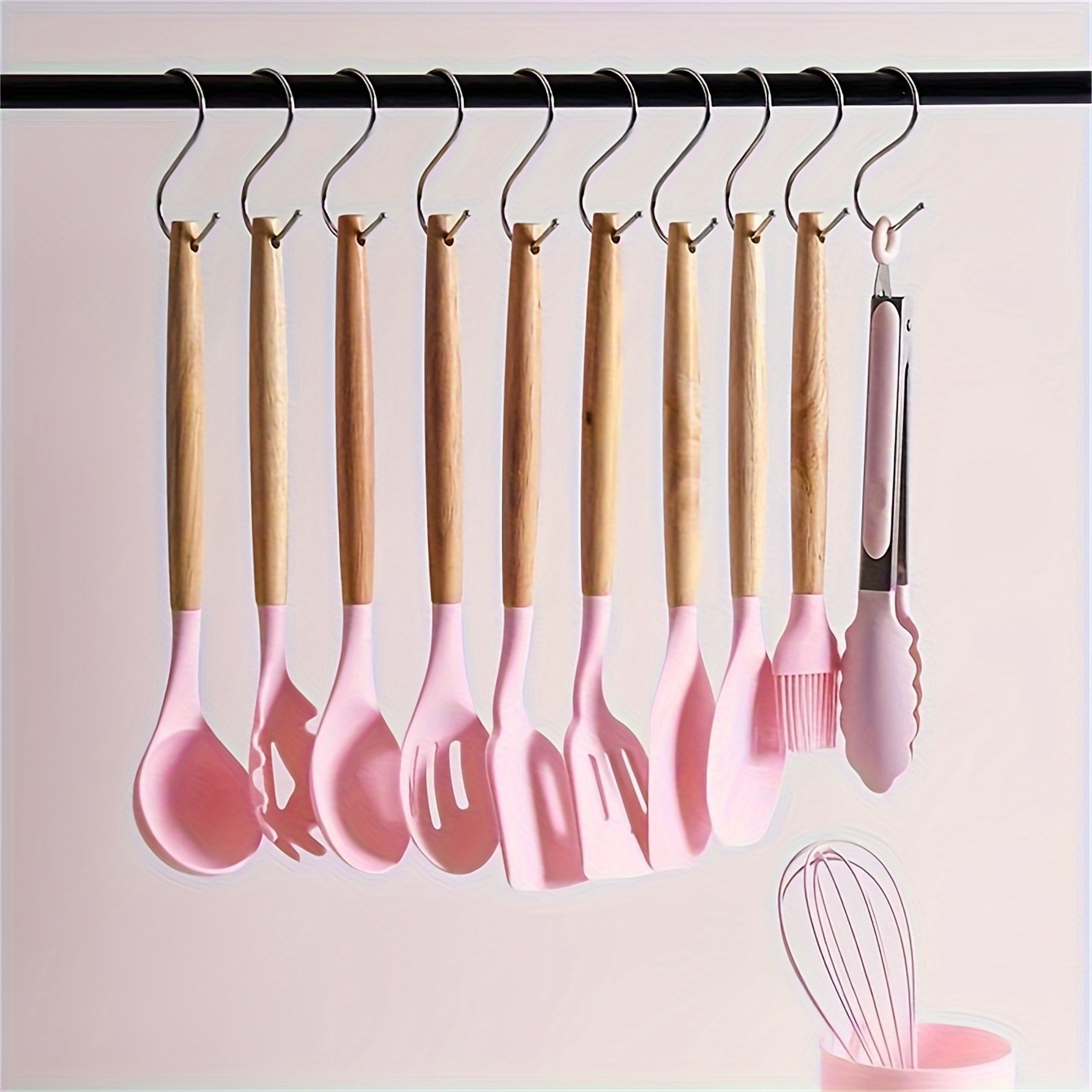 12pcs wooden handle silicone kitchenware cookware set japanese   green pink tableware set modern non stick kitchenware kitchen gadgets safe and hygienic kitchenware set home   back to school restaurant necessary details 0