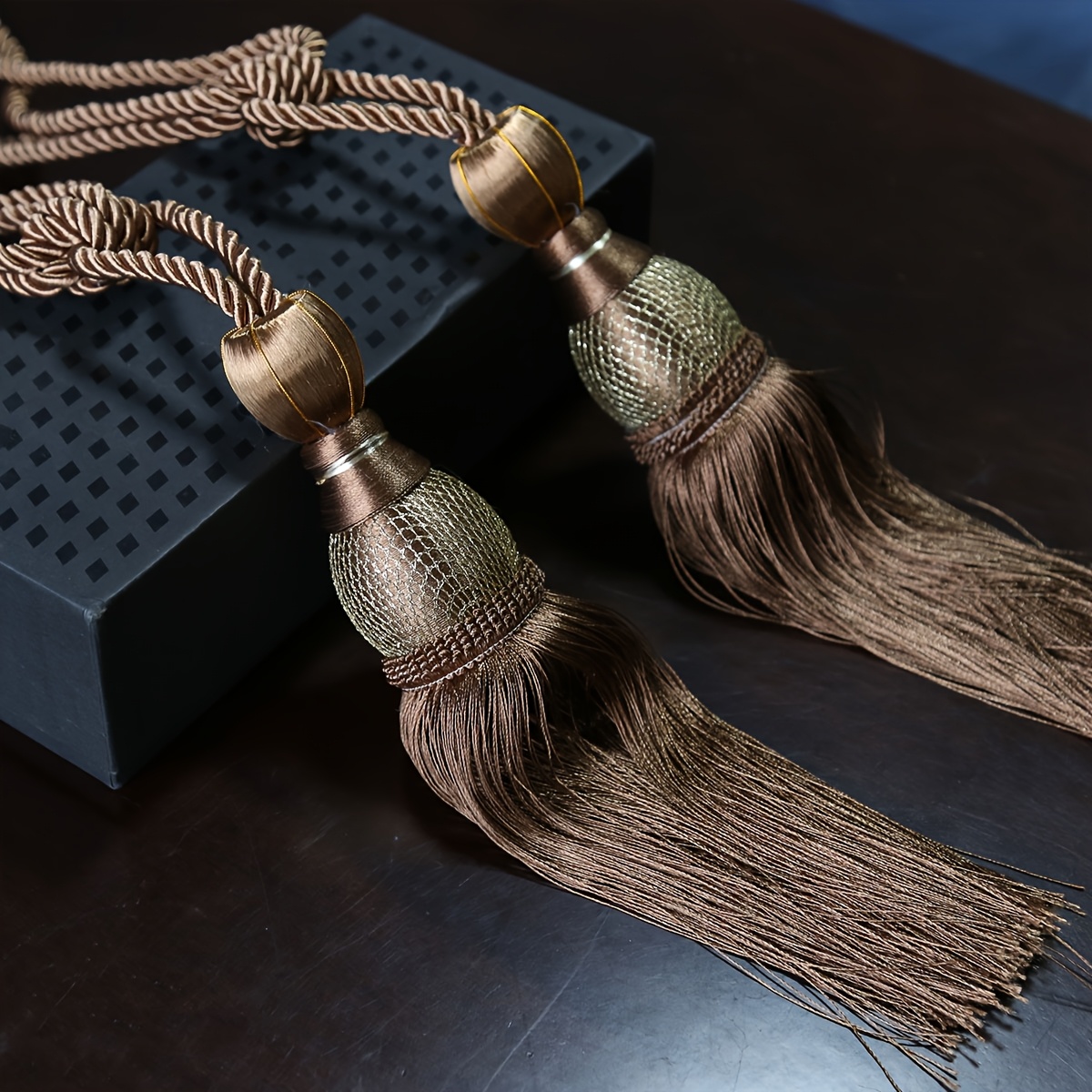TEMU 2pcs Luxury Texture High-end Curtain Tassel Ornaments - Glossy Satin Long Fringe With Vintage Metal Woven Texture Decorative Beads, Curtain