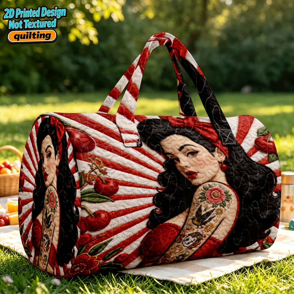 TEMU 1pc 2d Printed Women's Handbag Vintage Red Lip Black Curly Hair Cherry Floral American Illustration Style Large Capacity Travel Handbag For
