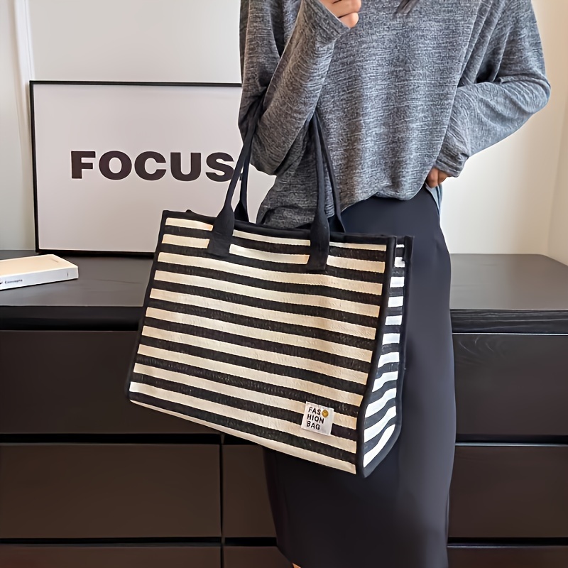 

Striped Tote Bag For Women, Large Capacity Shoulder Handbag With Wristlet, Zipper Closure, Edge Paint, Commuter Bag - Black