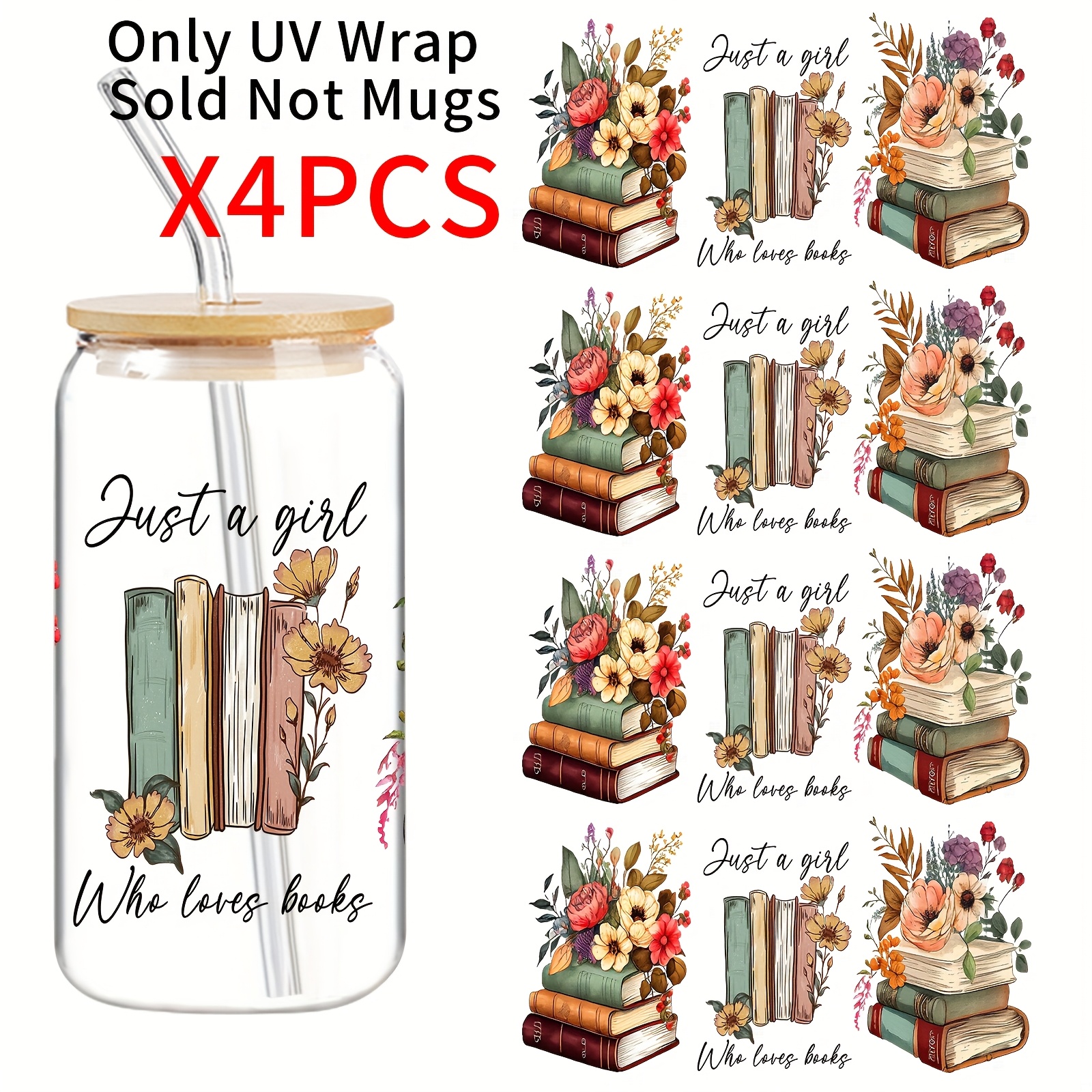 TEMU 4pcs Floral And Book Lover Uv Dtf Cup Wrap Transfer Stickers, Suitable For 16oz Glass Bottles, High Quality Scratch-resistant High-quality 3d