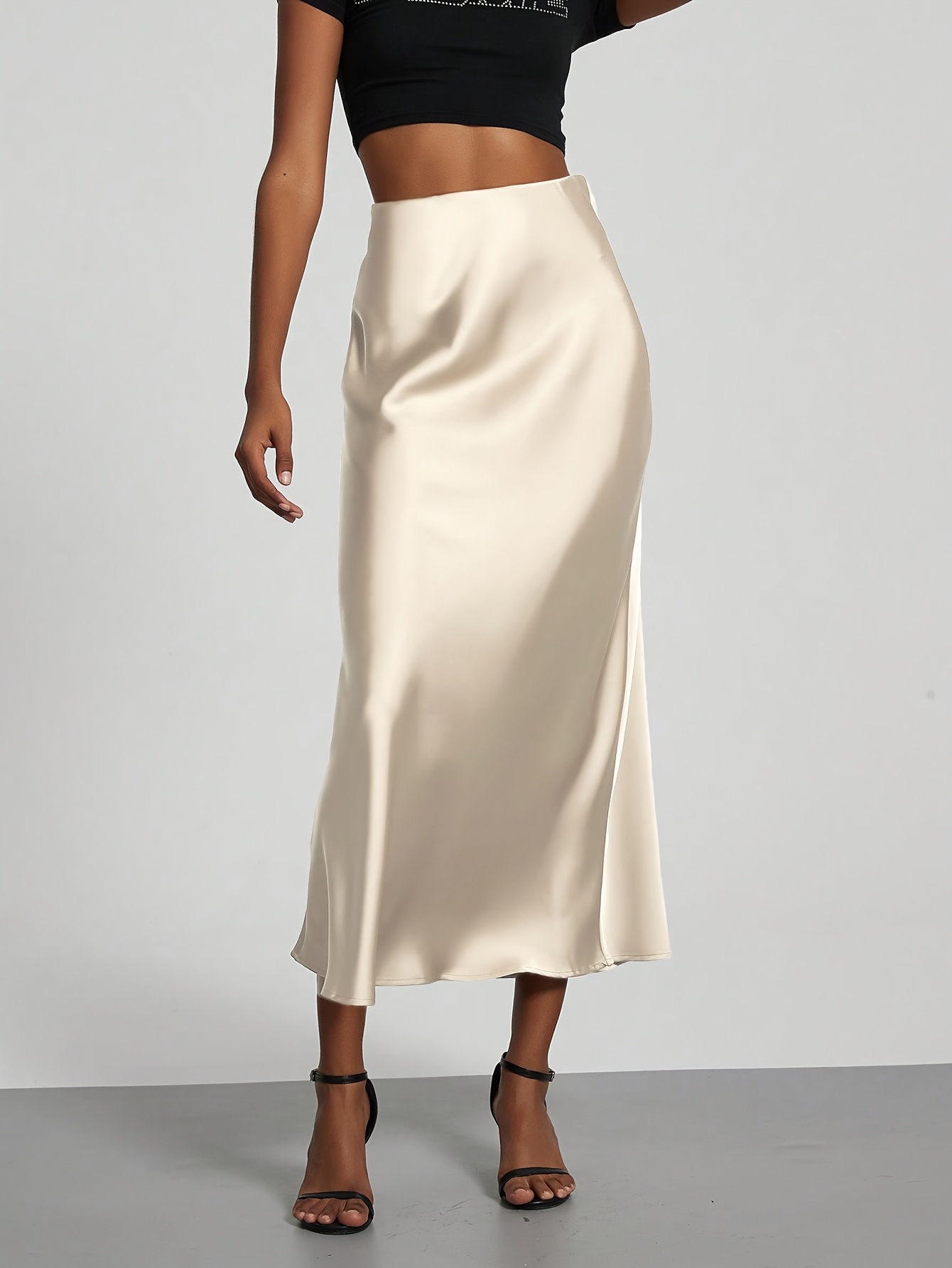 Women's Stretch Satin Texture Midi Skirt
