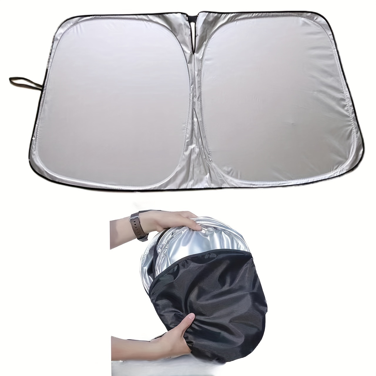 TEMU Ultra-thick Titanium Silvery Foldable Car Sunshade With Hollow Design - Reflective Heat Shield Visor & Storage Bag For Compact Cars, Mini Suvs, And Hatchbacks