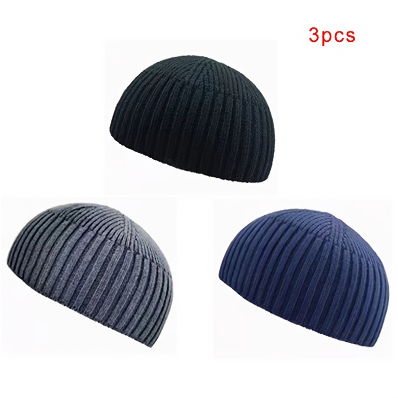 TEMU 3pcs Men's Skull Cap Beanie Hat Soft Washable No Fade Short Fisherman Beanie Lightweight Daily Wear Stretchy Knit Head Cap