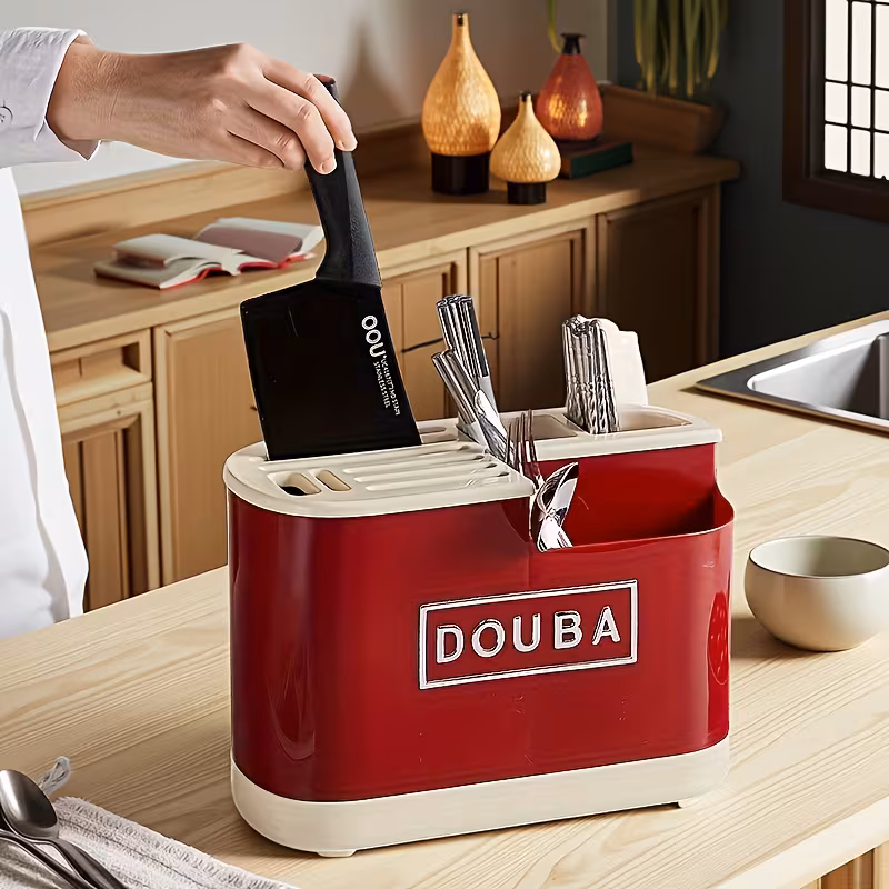 1pc red multi functional knife and cutlery organizer with drip tray countertop multi purpose utensil storage box and chopstick drainer insertable vertical fork and knife organizer storage box made of washable durable and plastic Product details 1