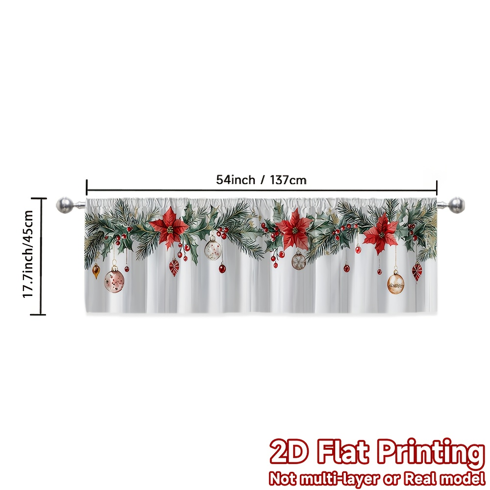 TEMU 2d Flat, 1pc, 2d Flat Printing Festive Christmas Kitchen Valance Curtain, Festive Eucalyptus & Poinsettia, Versatile Durable Polyester (without
