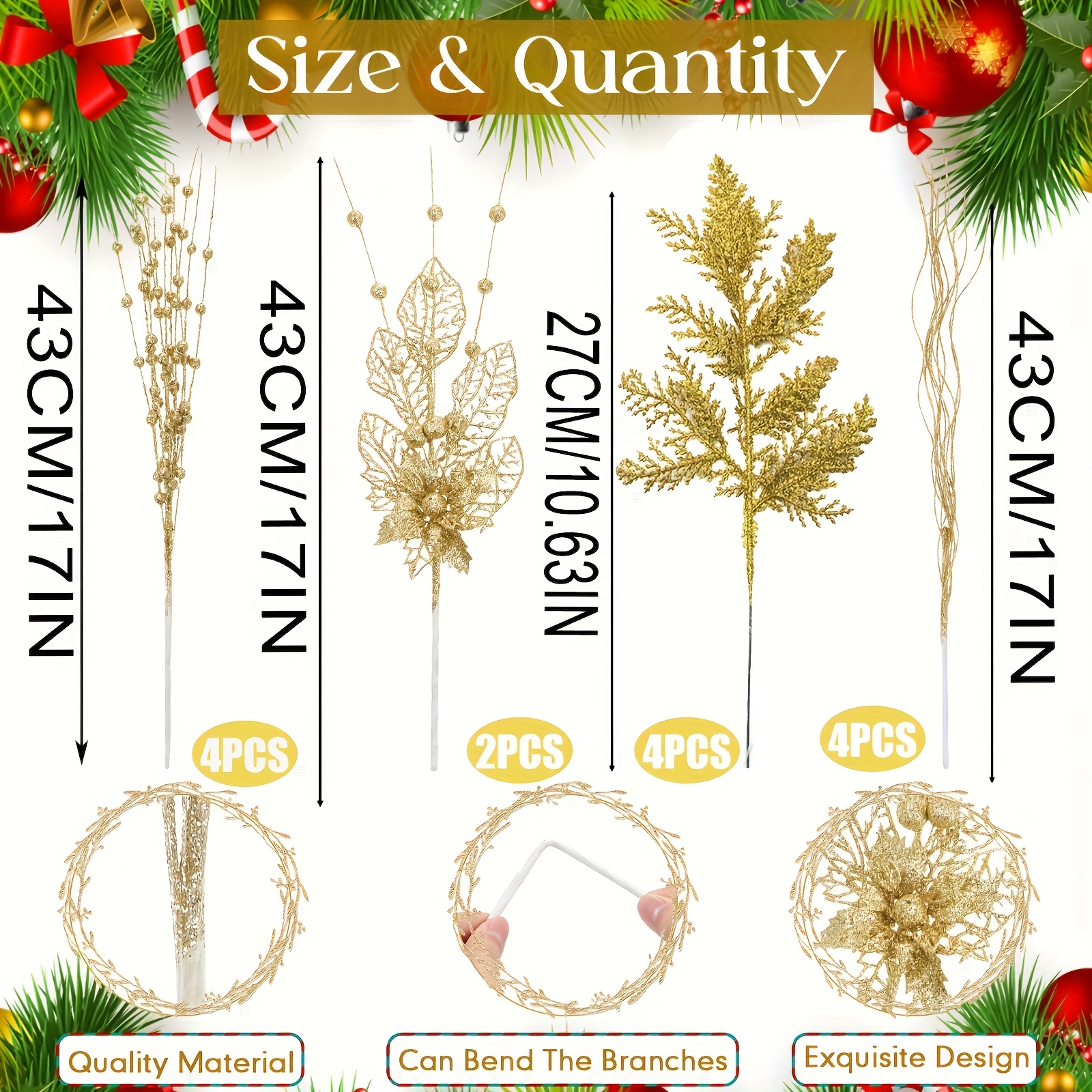 TEMU 14pcs Christmas Glitter Berries Stems 17 Inch Xmas Artificial Pine Needles Floral Picks Sprays Glittery Curly Twigs Branches Ornaments For Xmas
