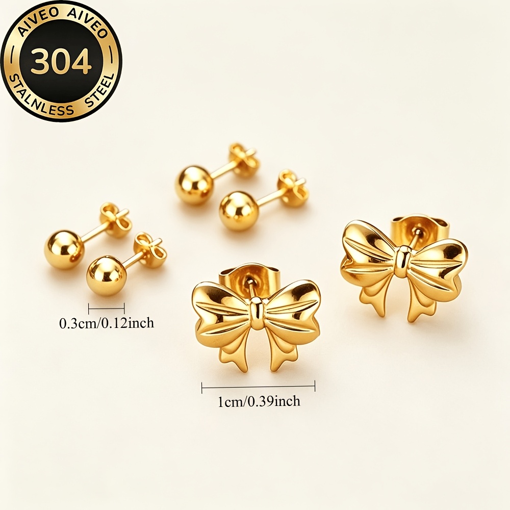 3-Pair Golden Stackable Stud Earrings Set