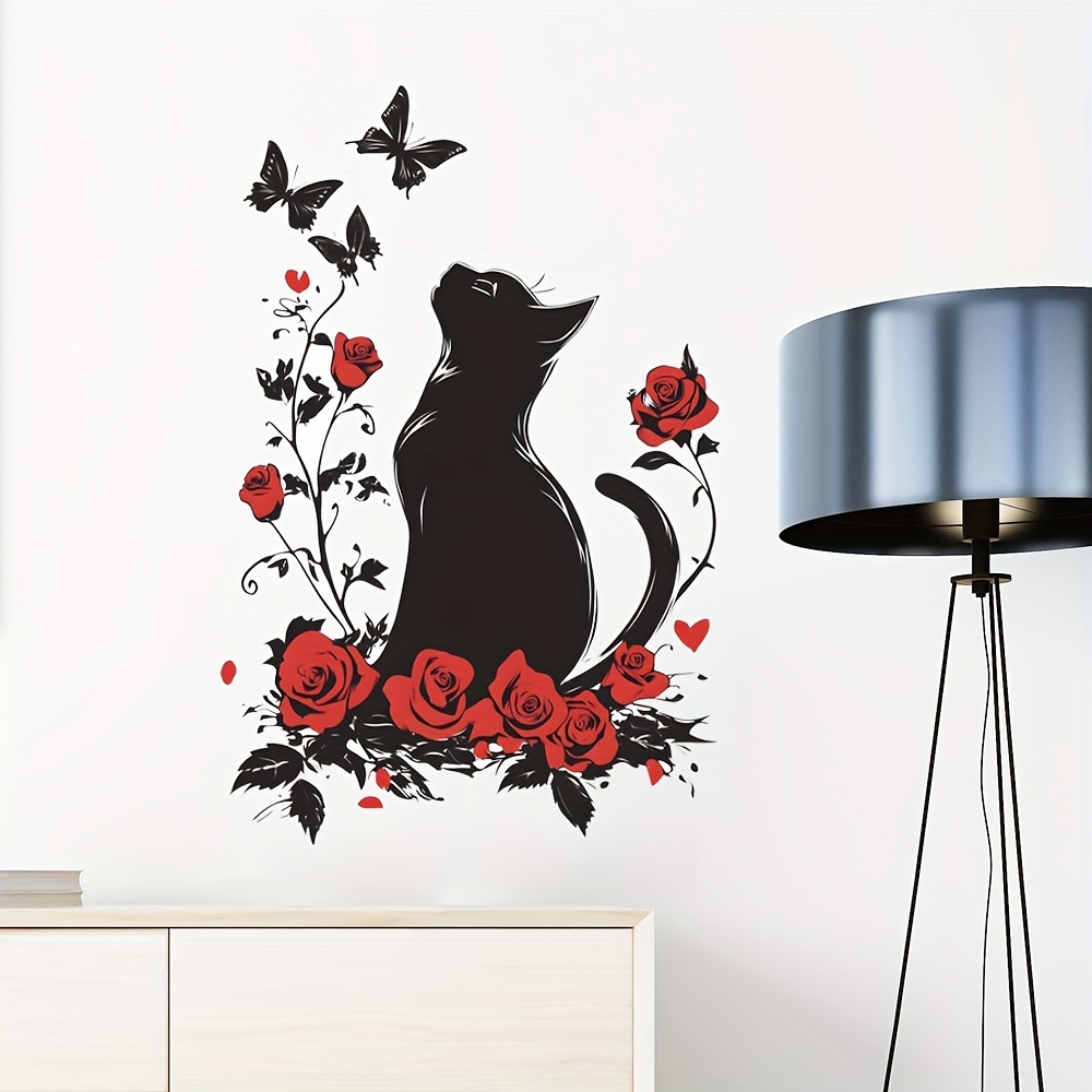 Image of Decoration Featuring Cat, , And Rose Wall Stickers For Bedroom And Living Room, Self-adhesive Wholesale Wall Art