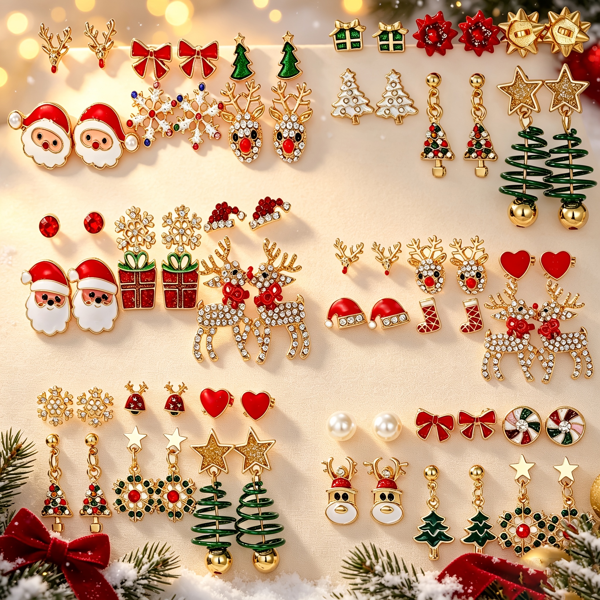 TEMU Lot aléatoire de 12/ pièces : Boucles d'oreilles clous pendantes mignonnes et tendance avec dessin animé de de Noël doré, de neige, nœud, Père