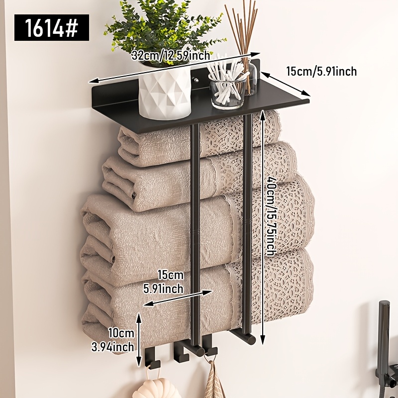 Wall-mounted Towel Storage Rack For Bathroom, No-drill Towel Rack, Small Bathroom Wall Towel Storage Rack With 3 Hooks, Black, Towel Racks