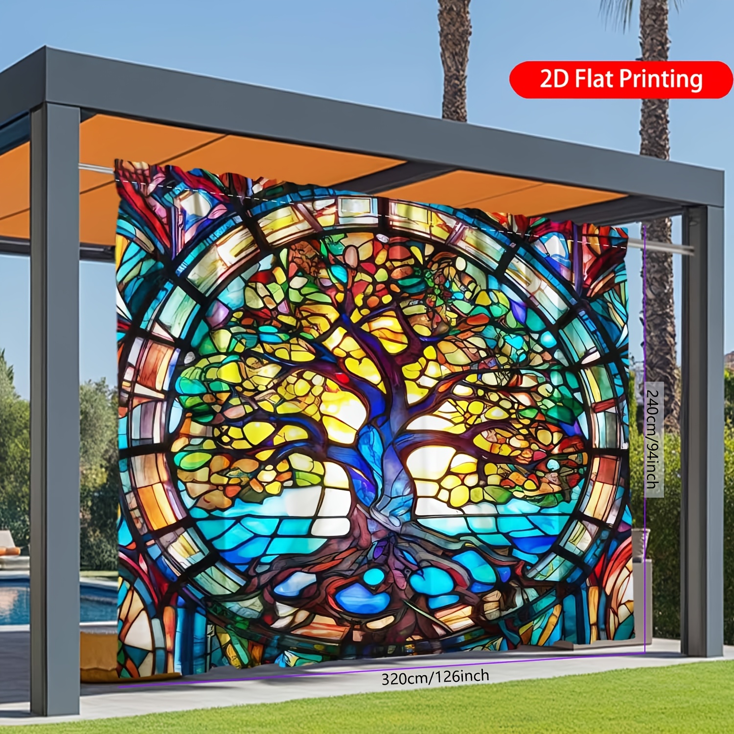 TEMU 1pc Qd_vivios Large Tree Of Life Stained Glass Outdoor Curtains Suitable For Garden Patio Sunshade, Semi- Panels With Grommet Top, - Decorative