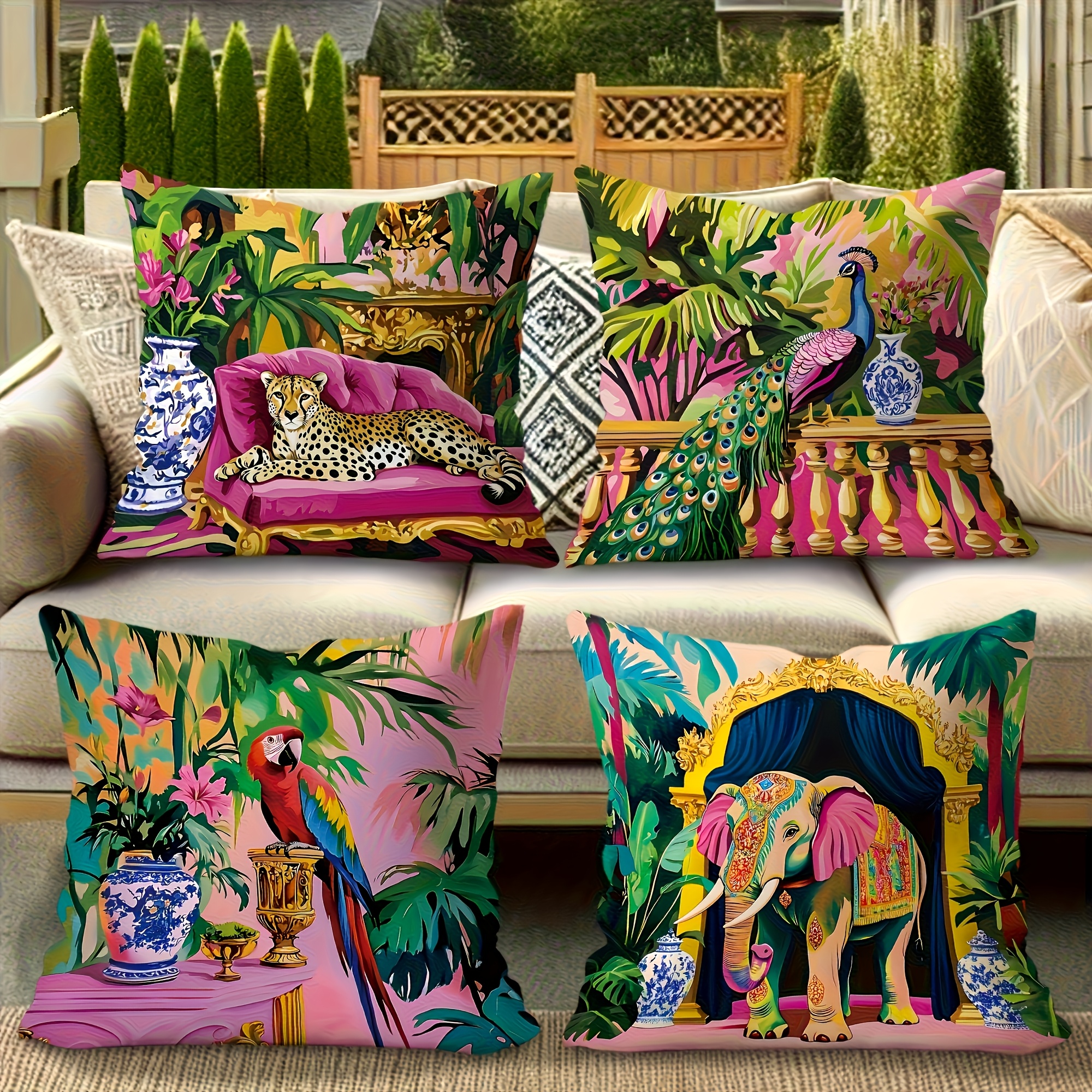 TEMU 4pcs Tropical Pattern Pillow Cover With Pink And Green Opium Grass Elephant Pearooster And Plant Pattern With Zipper Double Sided Printing