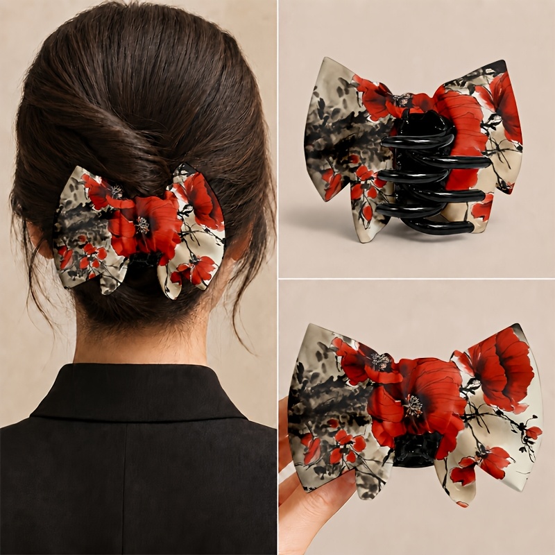 TEMU 1pc Red Poppy Pattern Bow Hair Clip, Side Clip For Tidy Bangs And Half-updo, Suitable For Washing And Skincare, Home Chores, Outdoor Light