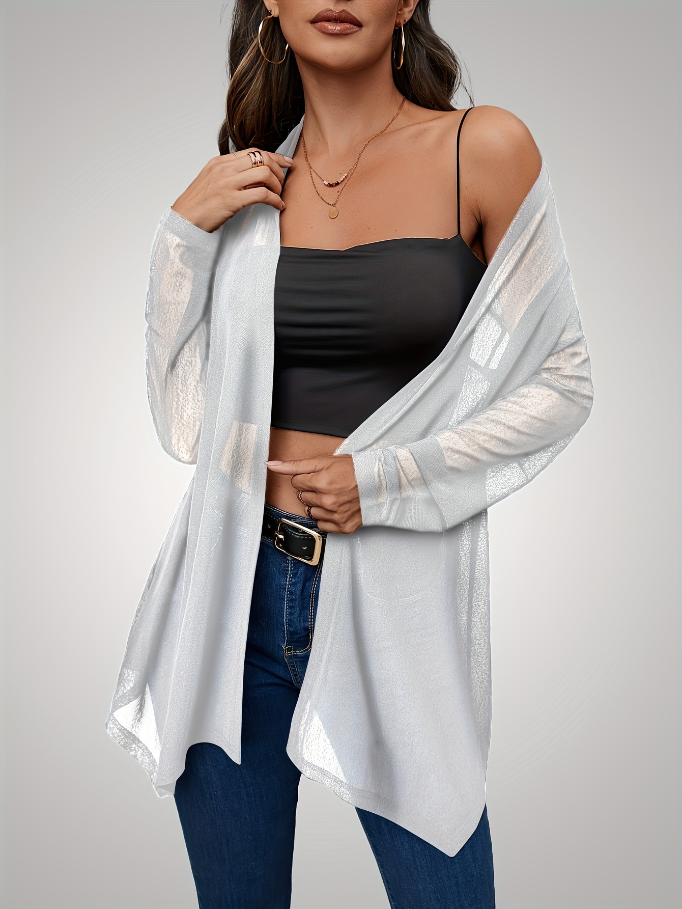 Solid Open Front Sheer Mesh Coverup Elegant Long Sleeve - Temu Canada